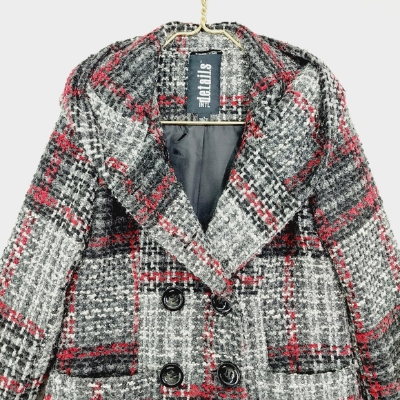 INTL d.e.t.a.i.l.s Red Gray Black Plaid Button Up Winter Pea Coat Z54 - Picture 2 of 7